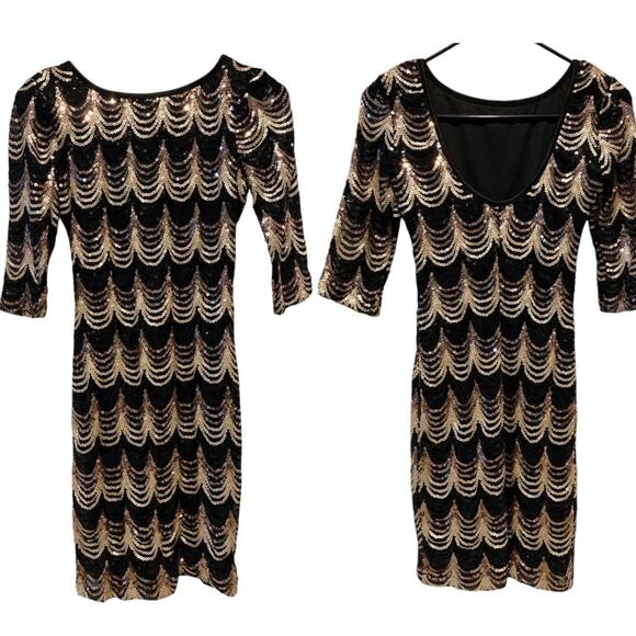 Crystal Doll Sequin Bodycon Mini Dress Small Black Gold Cocktail Party Glam NYE - Picture 4 of 15